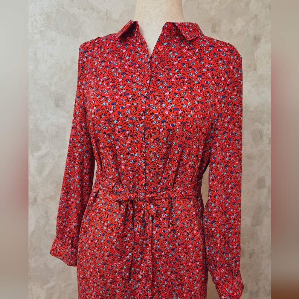 Amazon Essentials Red Floral Shirt Dress Button Front Belted Midi M - Picture 2 of 11